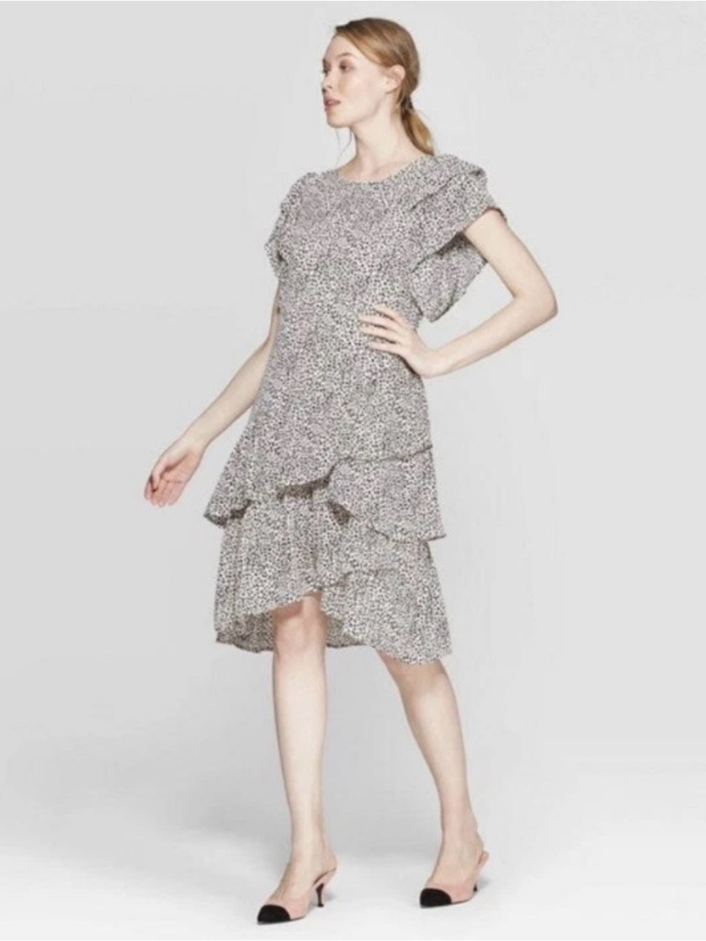 Who what wear blush leopard beige ruffle dress flutter sleeve summer tiered